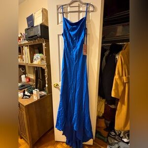Stacees royal blue satin dress, size 0, with tags.